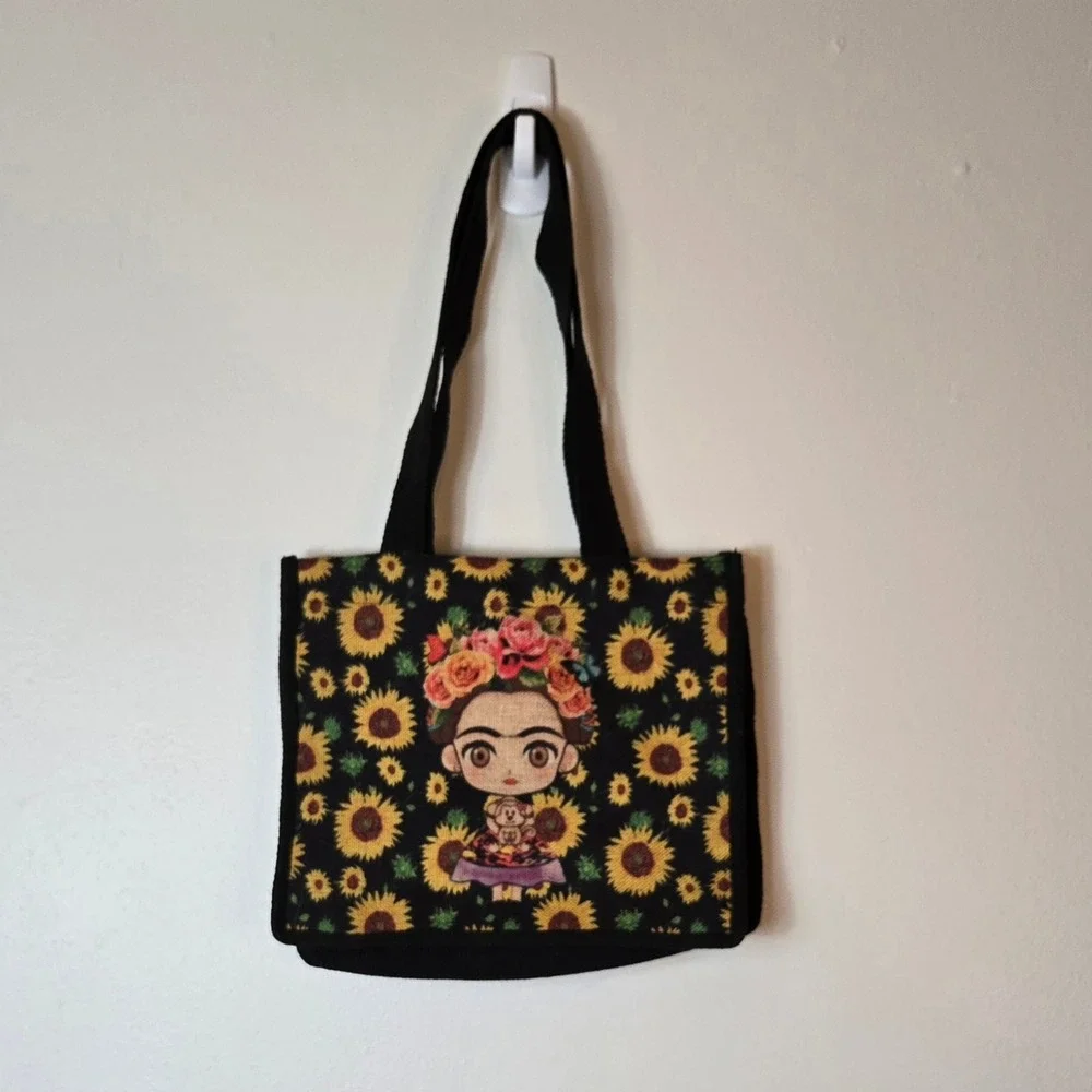 Frida Kahlo Sunflower Tote Bag Black Canvas Cartoon Art Shoulder Bag‎ Folk Style